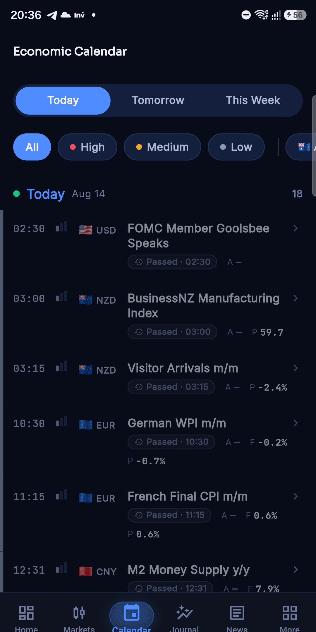 FXMARE app economic calendar showing today's scheduled releases