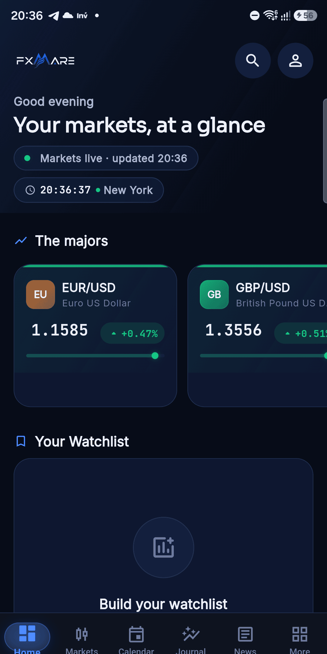 FXMARE app home screen showing live EUR/USD and GBP/USD rates